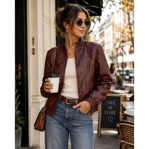Vintage 80's Chic Grunge Leather Bomber Jacket Quilted Moto Retro Burgundy Sz 8